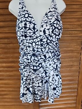 Navy & White Patterned One-Piece Swimdress